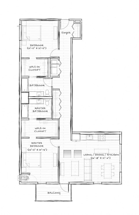 Floor plan for 2 beds, 2 baths, 1370 sqft